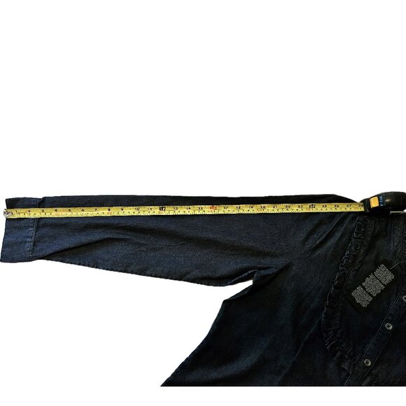 NWT GUESS Blue Denim Slim Line with Ruffle Button Down Long Sleeve Shirt Size XL - Picture 5 of 13